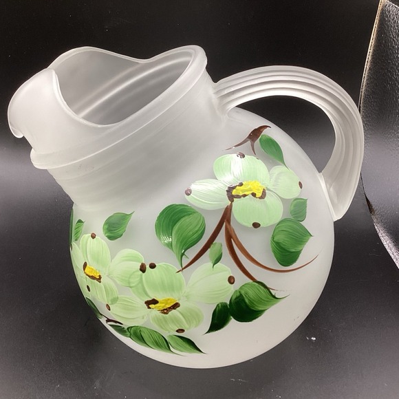 VTG Hazel Atlas Frosted Satin Glass Ball Pitcher W/‎ 6 Glasses-1950s- Floral - Picture 3 of 6